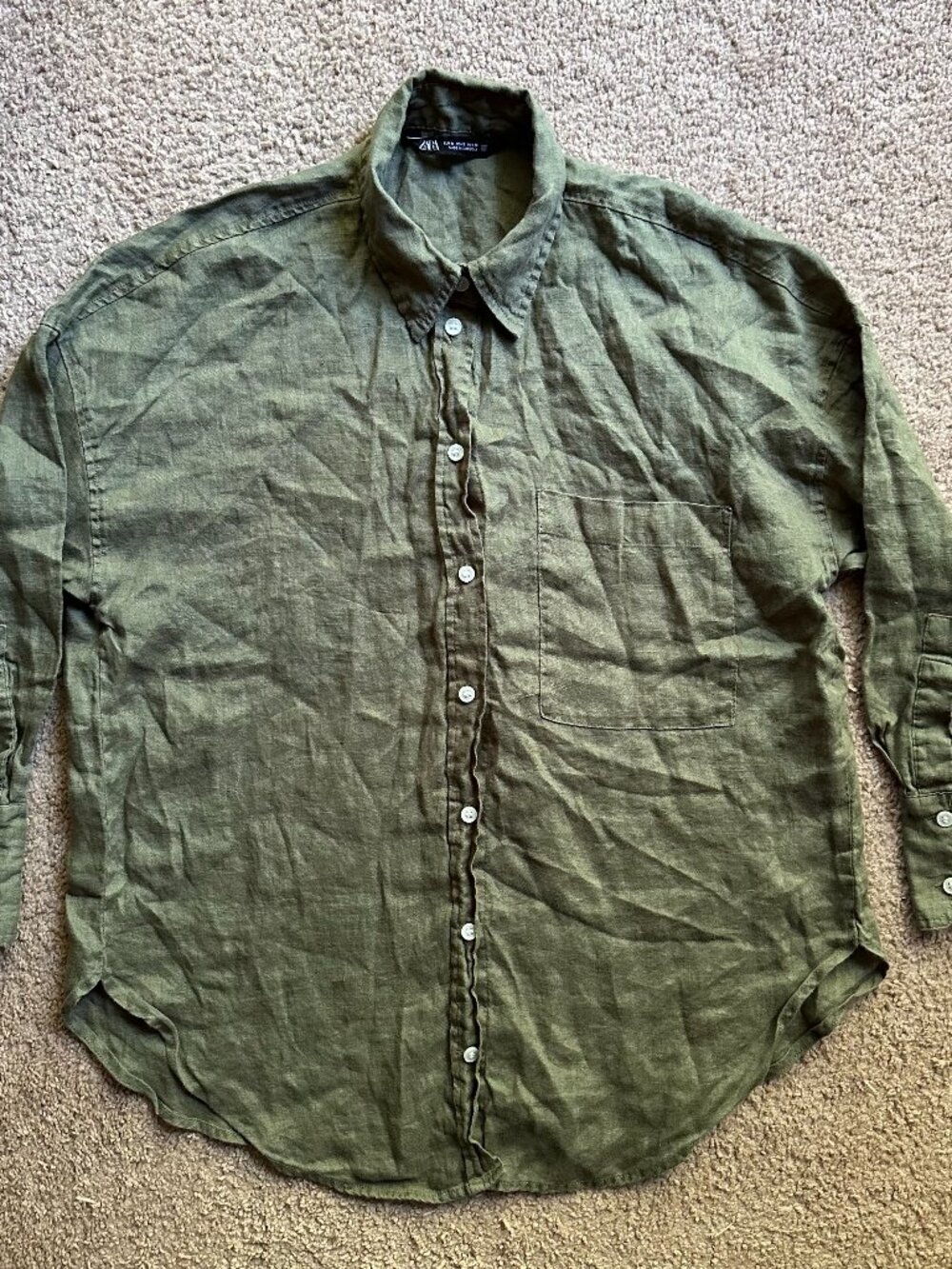 Zara Shirt Mens Small Button Up 100% Linen Green 3/4 Sleeve Point Collar